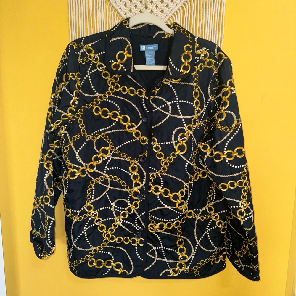 Koret Y2K Chains Pearls Quilted Navy‎ Blue Lightweight Bomber Jacket Size Large